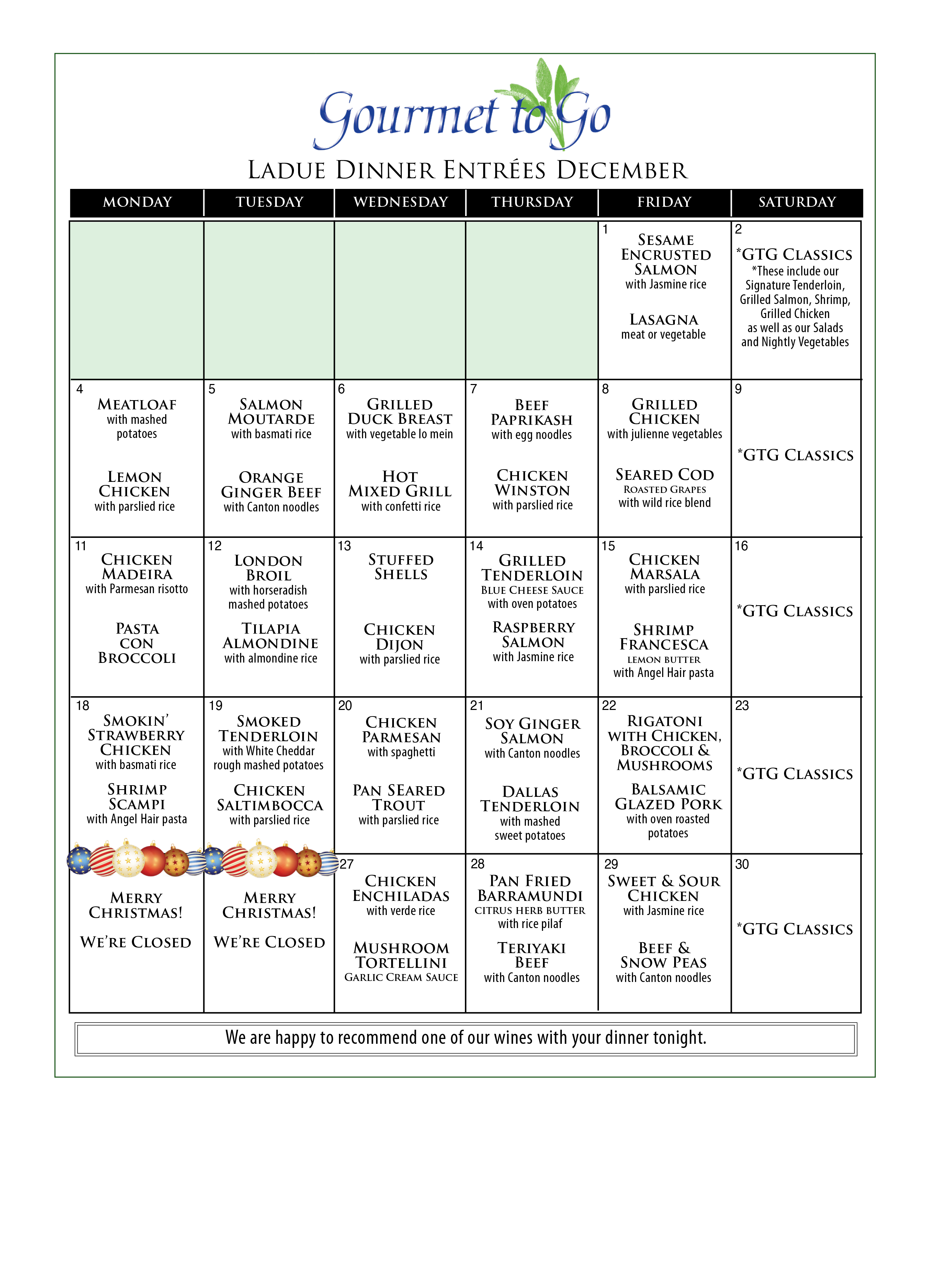July entree Menu