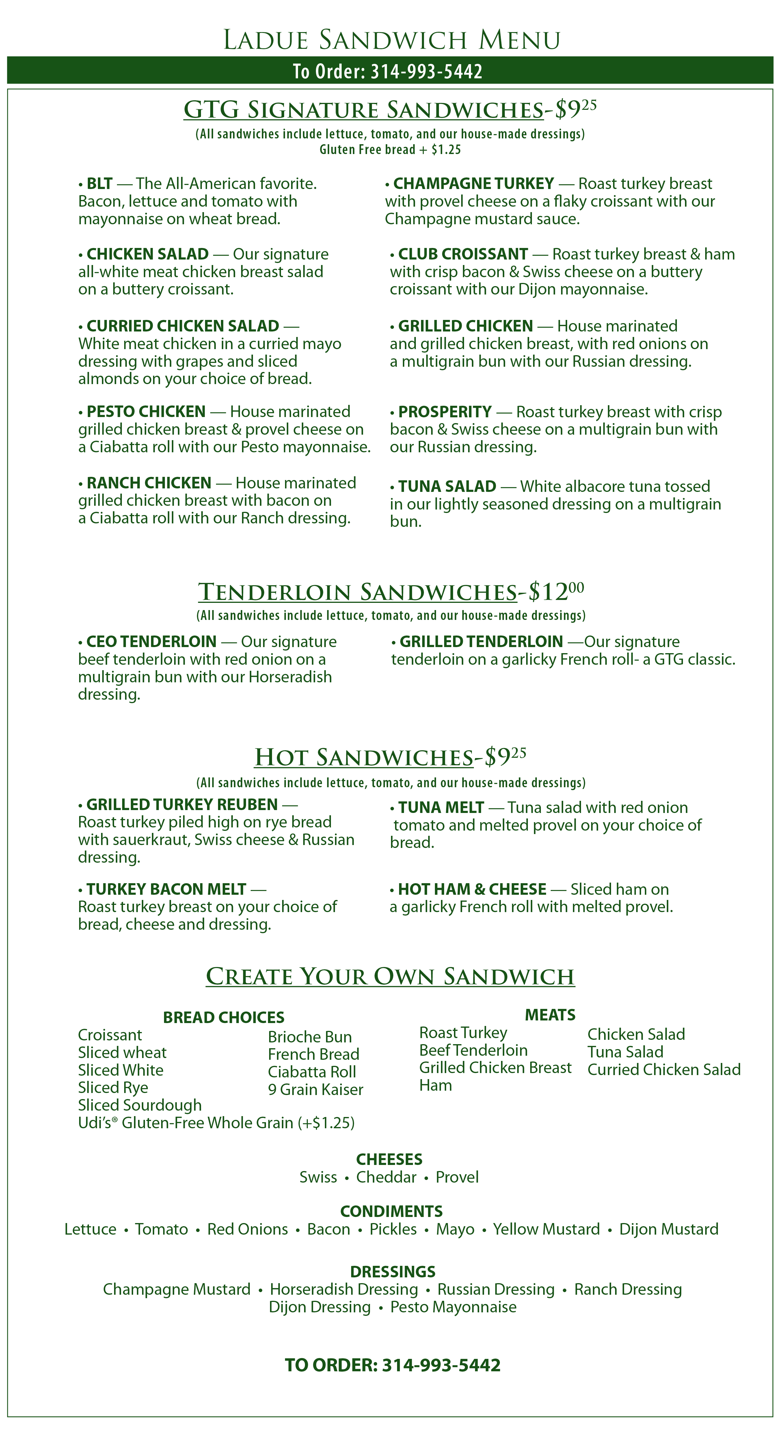 Ladue Sandwich Menu