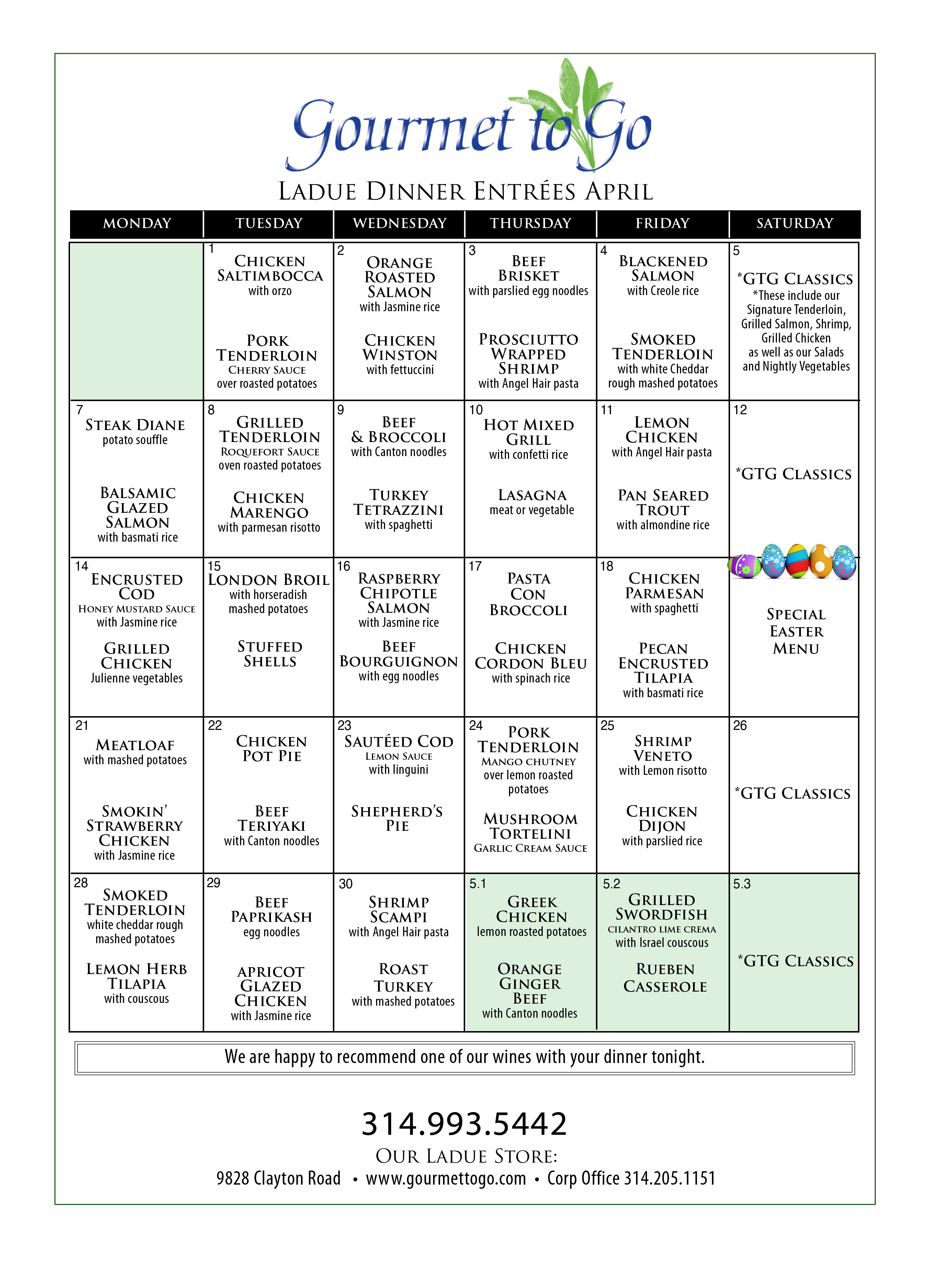 July entree Menu